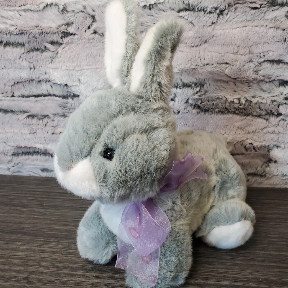 Kmart Fluffy Grey Easter Bunny Rabbit‎ Plush Stuffed Animal Purple Sheer Bow